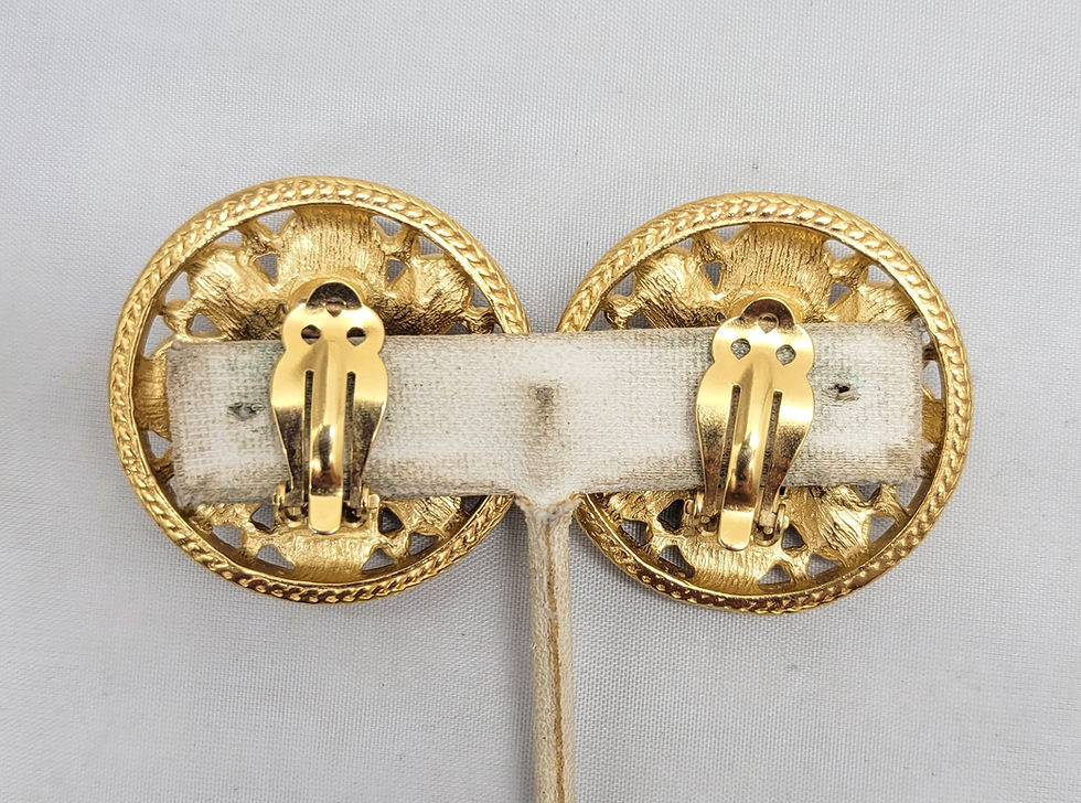 Thumbnail: Vintage Signed Trifari Round Goldtone Faux-Sapphire Clip Earrings