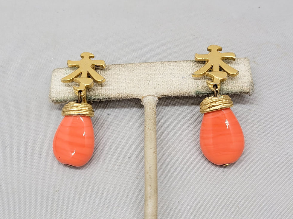 Thumbnail: Vintage 1960s Signed Trifari Asian Style Faux-Coral Drop Clip Earrings