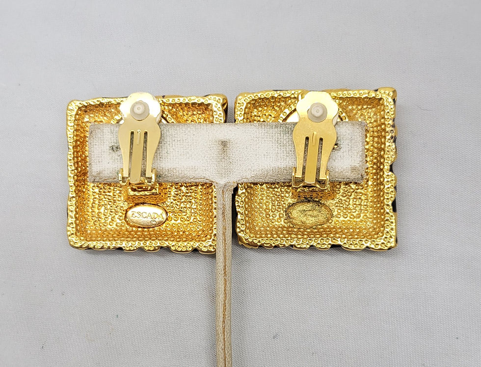 Thumbnail: Vintage Signed Escada Square Goldtone & Blue Enamel Clip Earrings