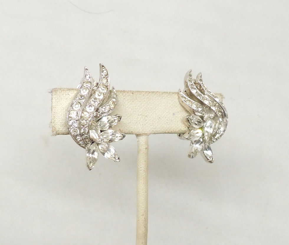 Thumbnail: Vintage Signed Jomaz Rhodium Plated Clear Rhinestone Clip Earrings