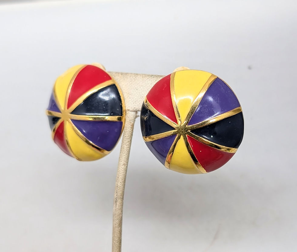 Thumbnail: Vintage 1980s Signed Escada Round Domed Multicolor Enamel Clip Earrings