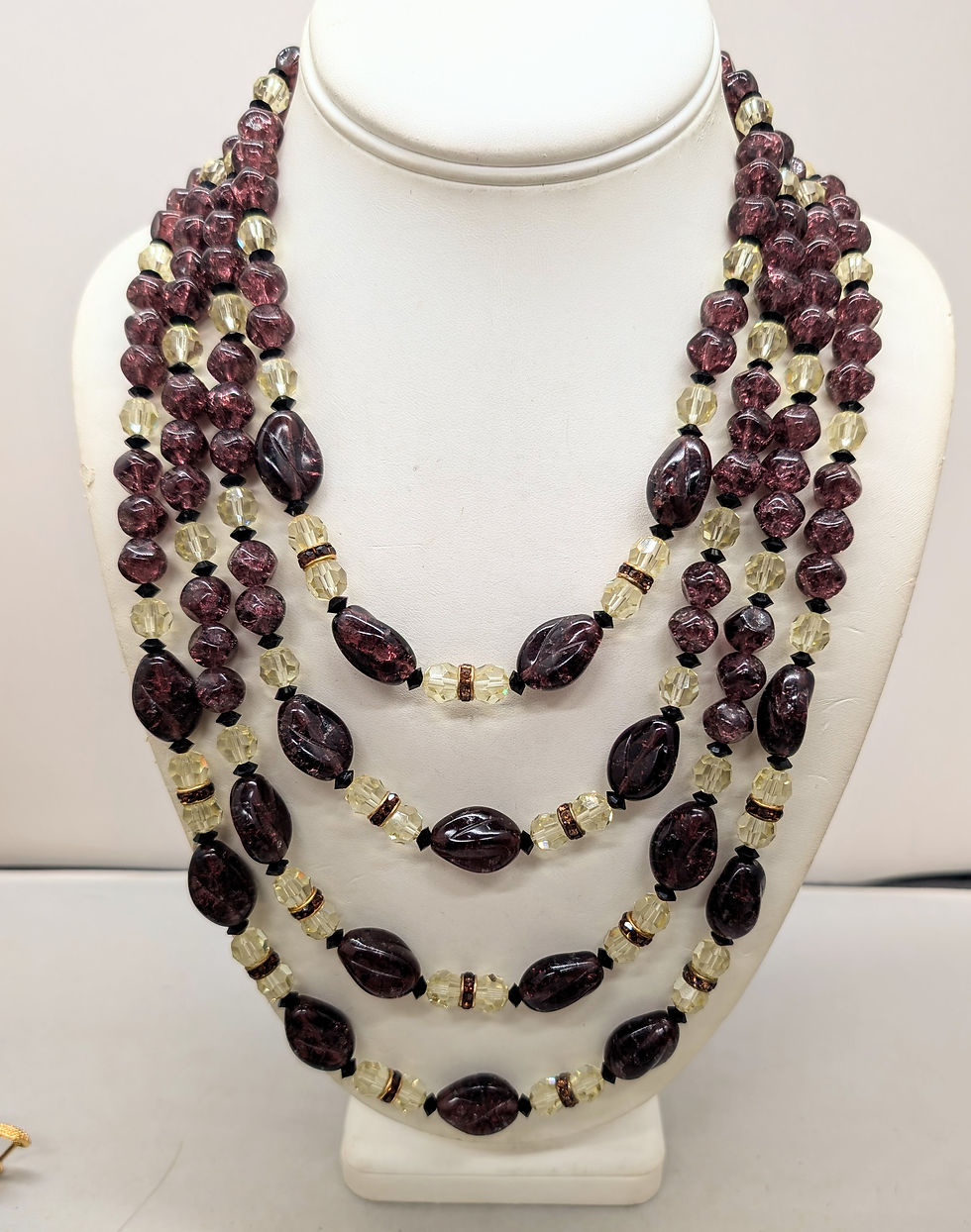 Thumbnail: Vintage 1960s Signed Boucher Multi-Strand Beaded Faux-Amethyst Necklace