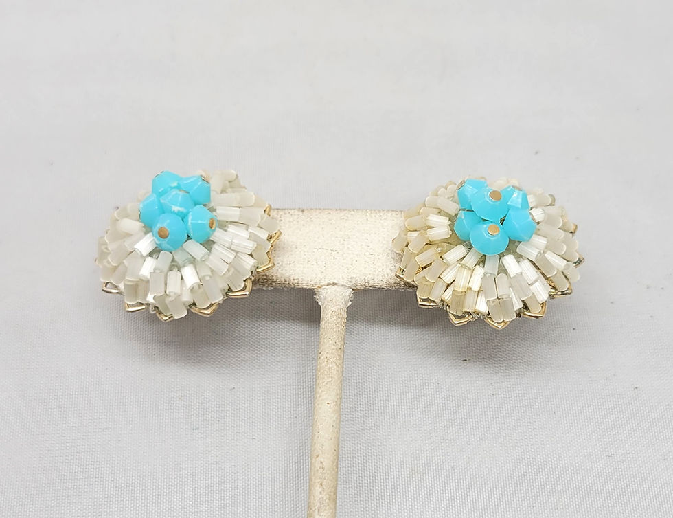 Thumbnail: Vintage 1960s Signed Vendome White & Turquoise Beaded Clip Earrings