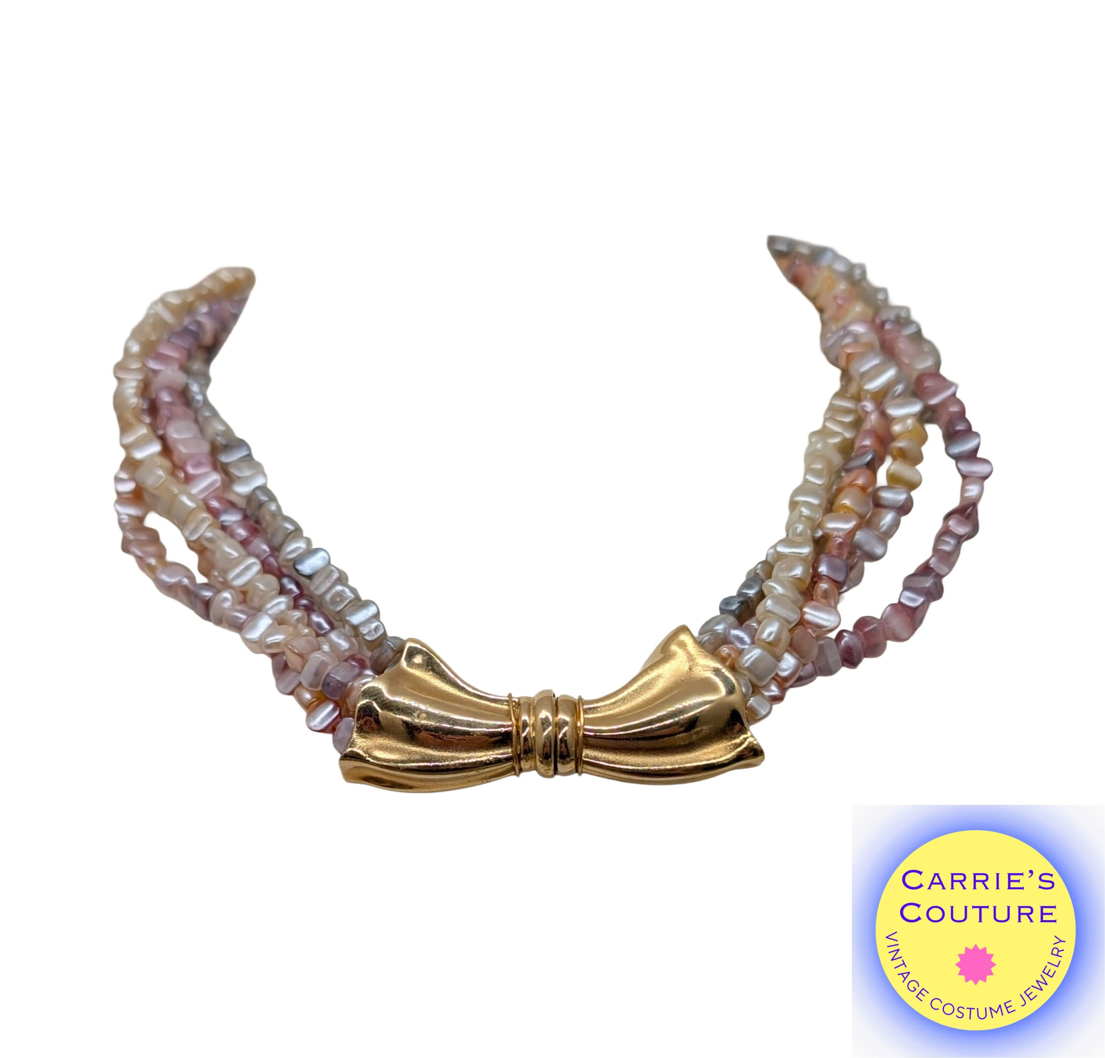 Vintage 1981 Napier Goldtone Faux-Mother of Pearl Beaded Bow Necklace