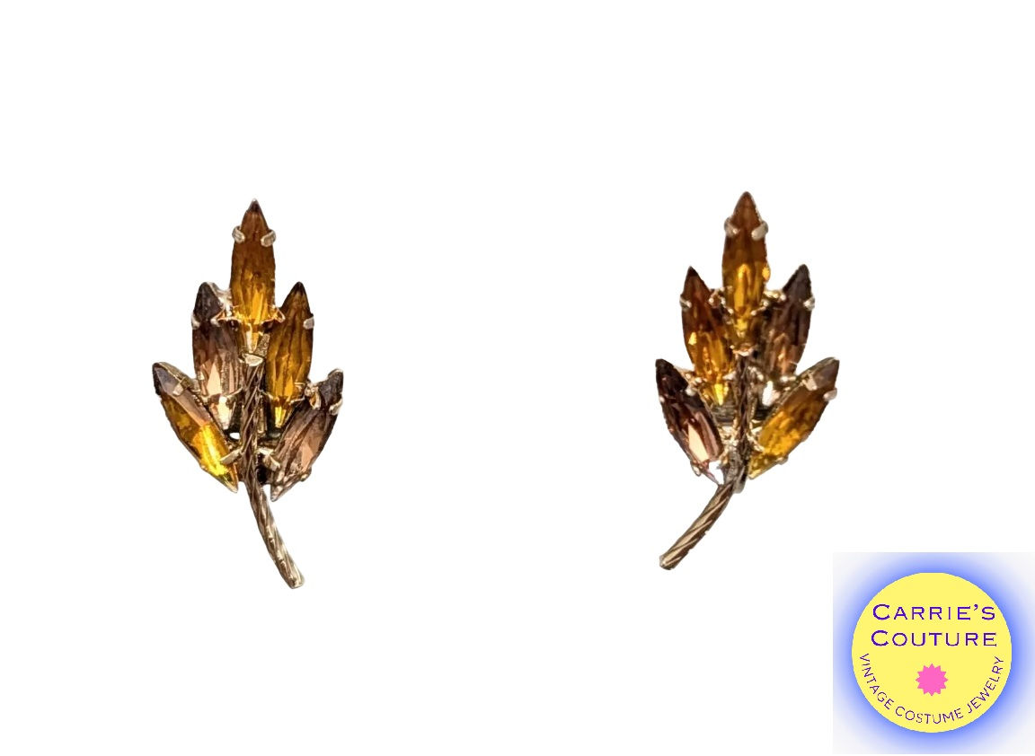 Vintage 1960s Signed Napier Faux-Topaz & Faux-Citrine Leaf Clip Earrings