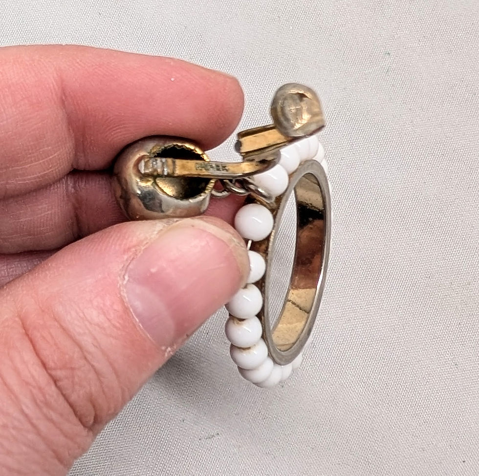 Thumbnail: Vintage 1950s Signed Napier Silvertone White Beaded Hoop Clip Earrings