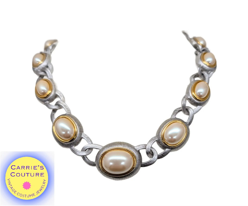 Vintage 1990s Signed Monet Rhodium Plated Faux-Pearl Link Collar Necklace