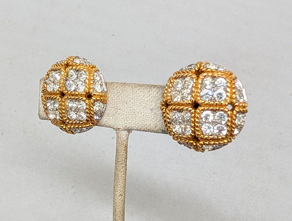 Thumbnail: Vintage Signed Jomaz Round Goldtone Round Clear Rhinestone Clip Earrings