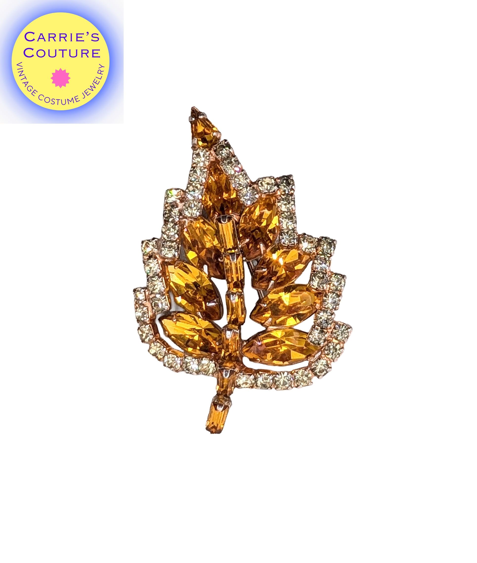 Vintage 1950s Signed Kramer of Ny Goldtone Faux-Citrine Leaf Brooch