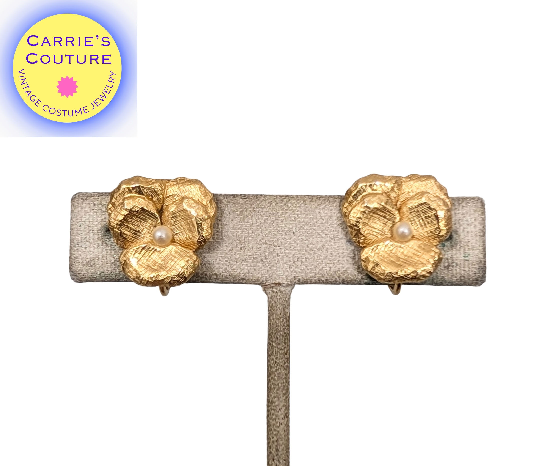 Vintage 1960s Signed Napier Goldtone Faux-Pearl Pansy Clip Earrings
