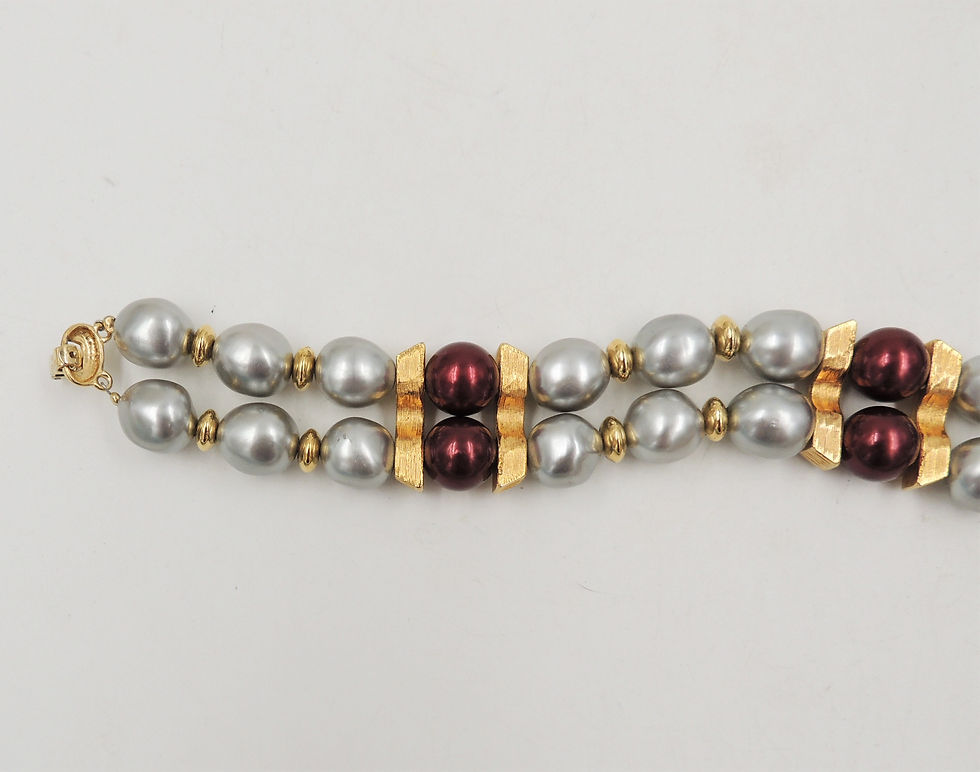 Thumbnail: 1980s Napier Grey Faux-Baroque Pearls with Red Bead Spacers Bracelet