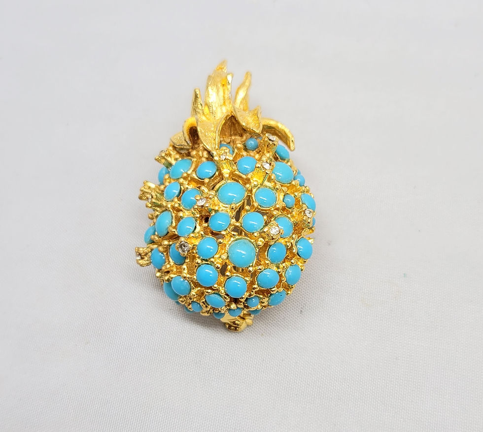 Thumbnail: Vintage Signed Alice Caviness Goldtone Faux-Turquoise Cabochon Pineapple Brooch