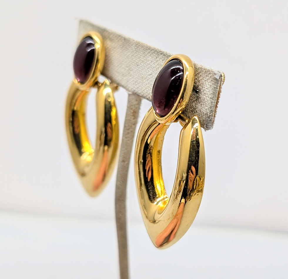 Thumbnail: Vintage 1988 Signed Napier Goldtone Cabochon Faux-Amethyst Drop Clip Earrings