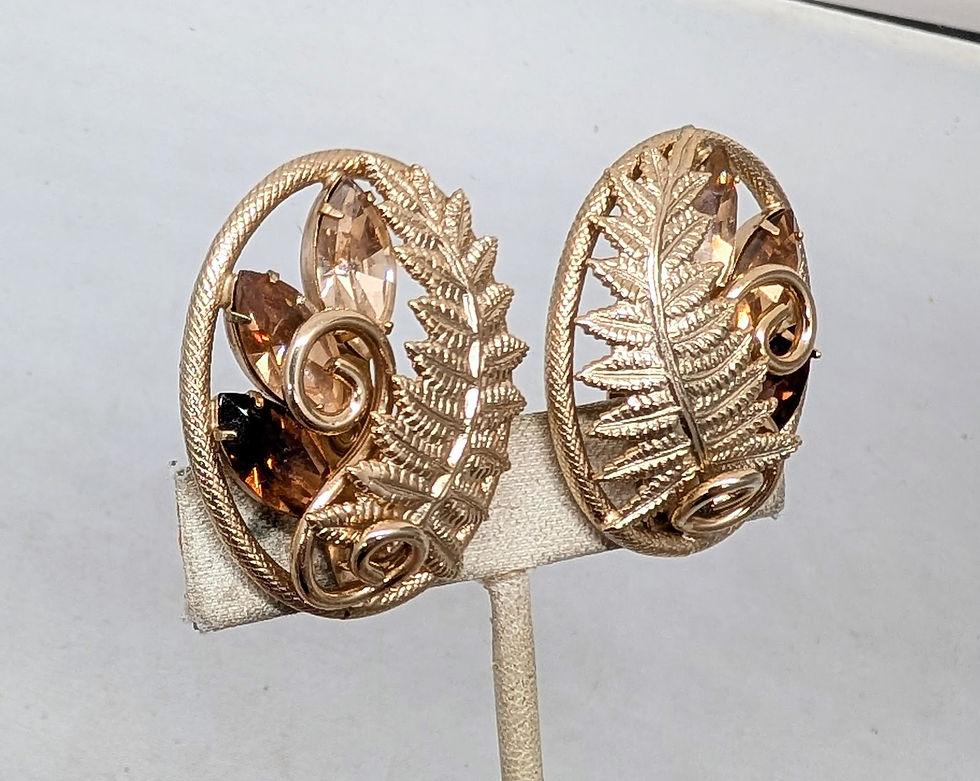 Thumbnail: Vintage 1950s Signed Napier Goldtone Faux-Topaz & Citrine Fern Clip Earrings