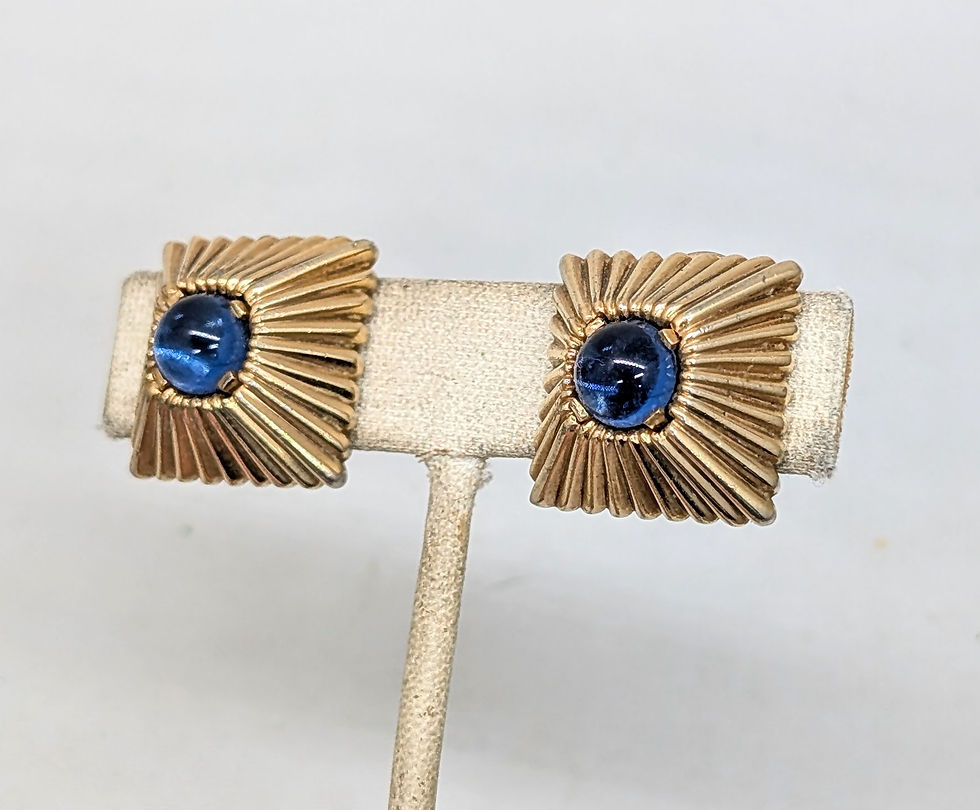 Thumbnail: Vintage Signed Mazer Square Goldtone Ribbed Cabochon Faux-Sapphire Clip Earrings