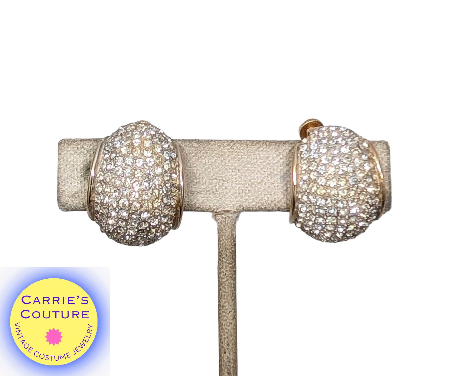 Vintage 1960s Signed Vendome Pavé Round Clear Rhinestone Half Hoop Clip Earrings