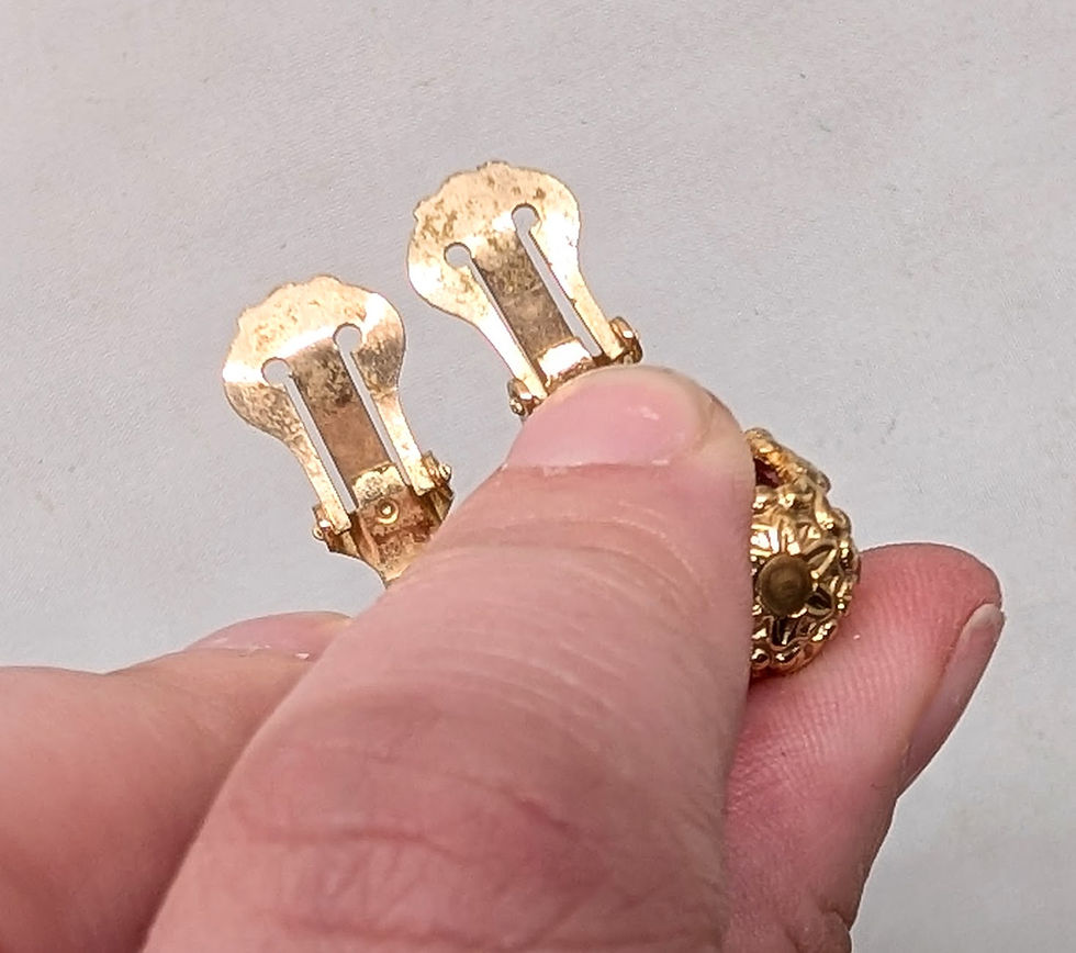Thumbnail: Vintage 1950s Signed Napier Goldtone Filigree Faux-Garnet Clip Earrings