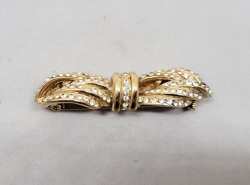 Thumbnail: Vintage Signed Bijoux Cascio Italy Goldtone Clear Rhinestone Bow Brooch