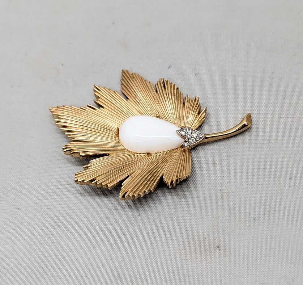 Thumbnail: Vintage 1960s Signed Crown Trifari White Rhinestone Leaf Brooch