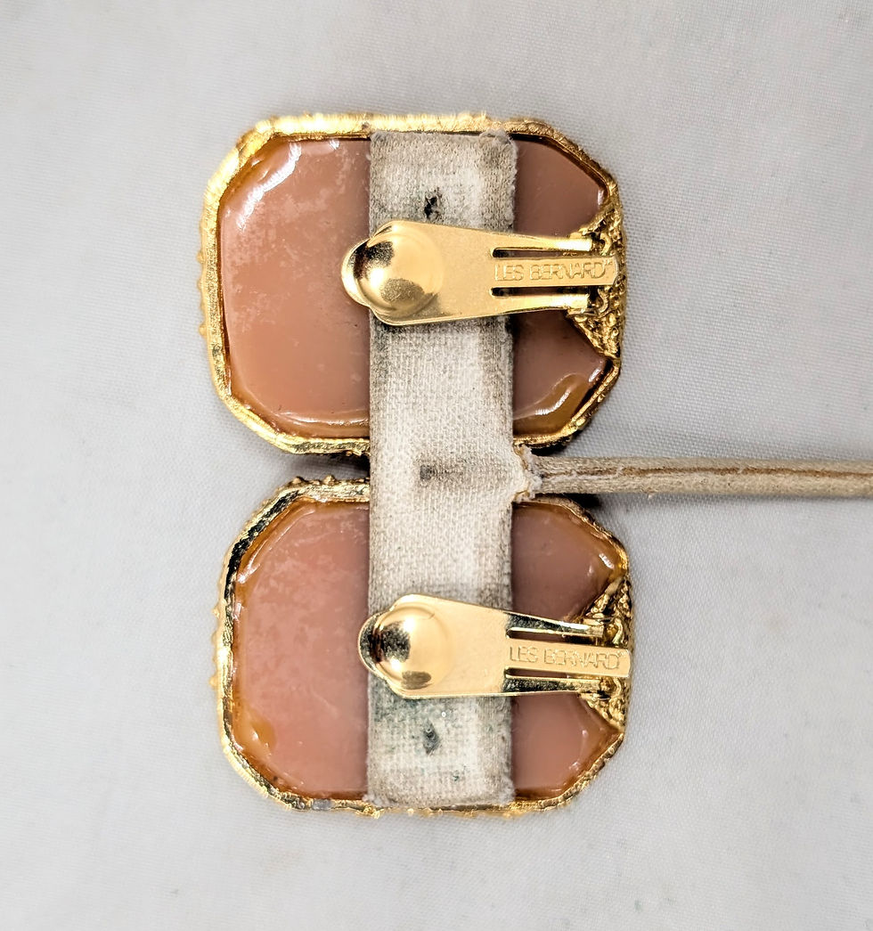 Thumbnail: Vintage 1980s Signed Les Bernard Rectangular Faux-Chalcedony Clip Earrings