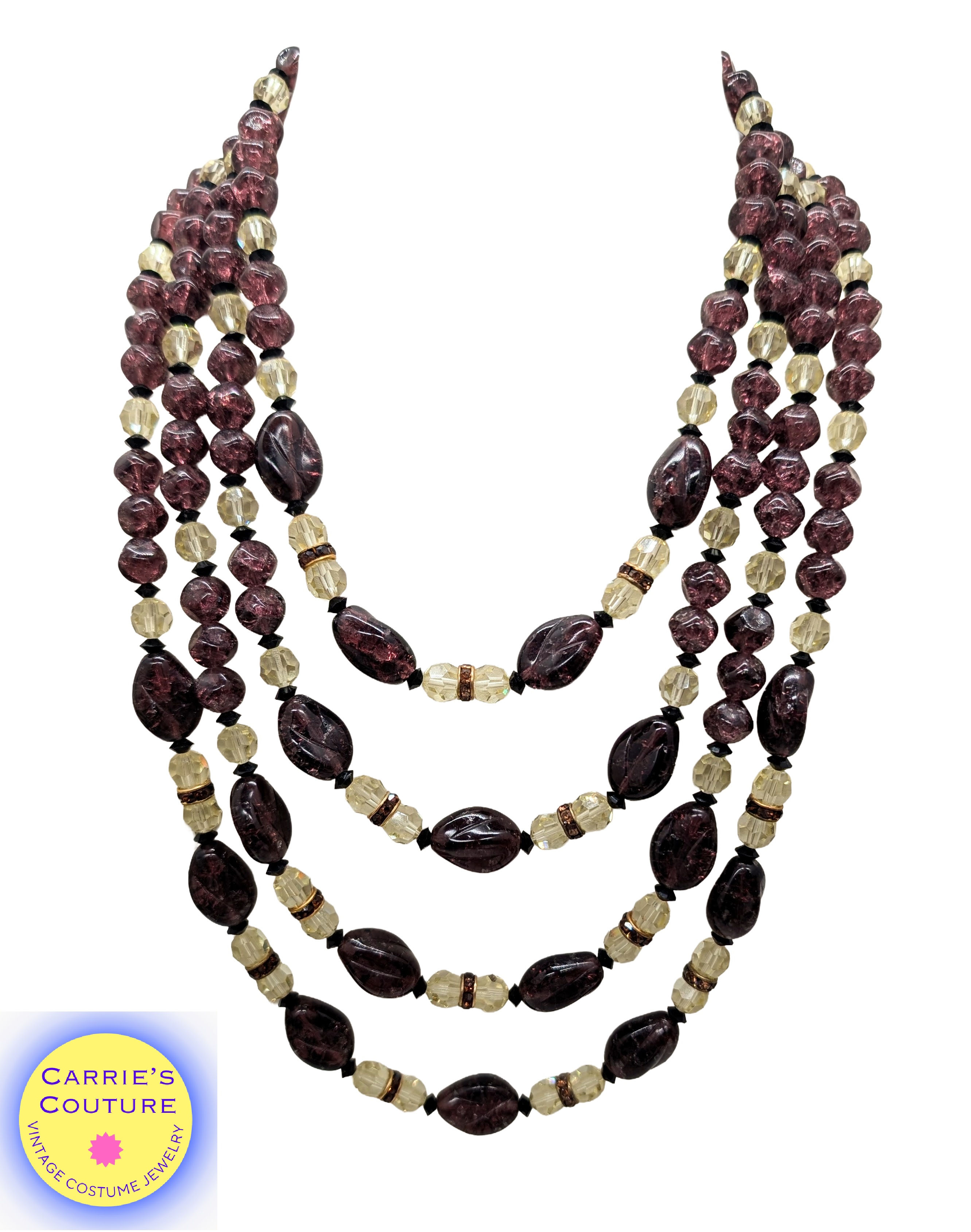 Vintage 1960s Signed Boucher Multi-Strand Beaded Faux-Amethyst Necklace