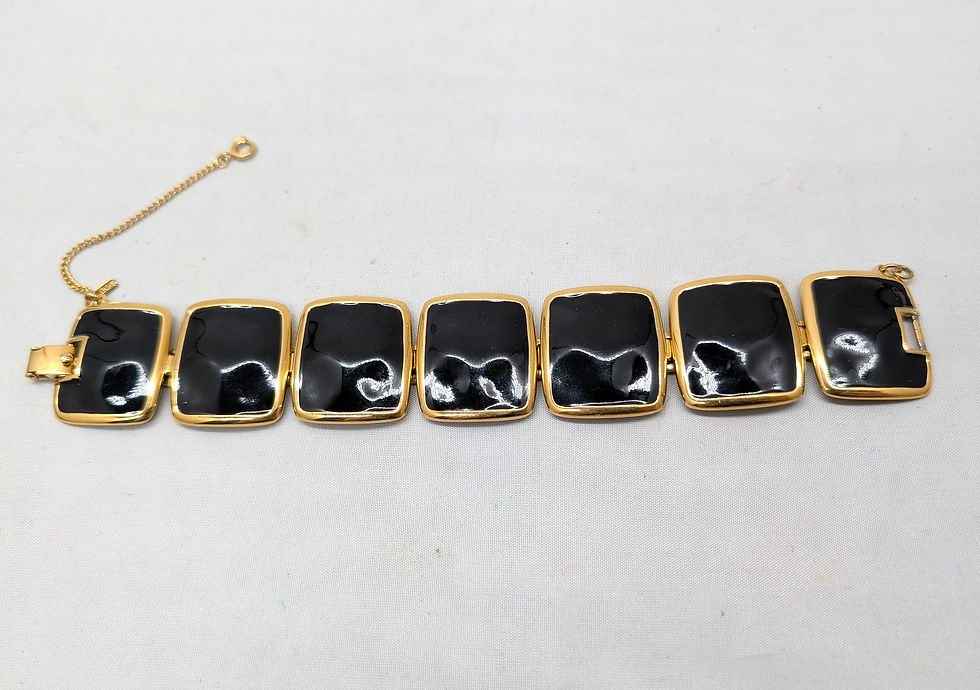 Thumbnail: Vintage Signed Monet Goldtone & Black Enamel Contempora Link Bracelet, 1972