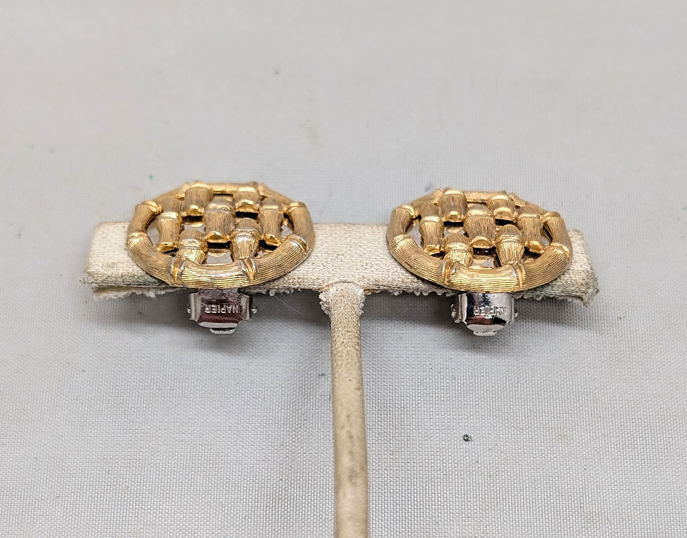 Thumbnail: Vintage 1970s Signed Napier Round Goldtone & Rhodium Plate Bambo Clip Earrings