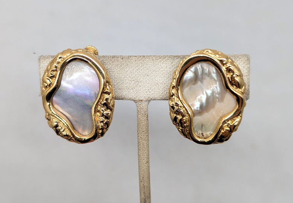Thumbnail: Vintage Signed Napier Modernist Goldtone Mother-of-Pearl Clip Earrings, 1982