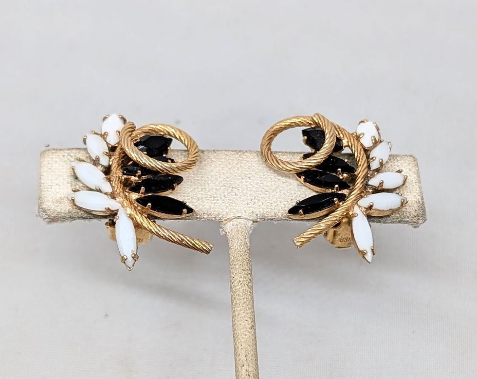 Thumbnail: Vintage Signed Napier Faux-Onyx & White Marquise Rhinestone Clip Earrings