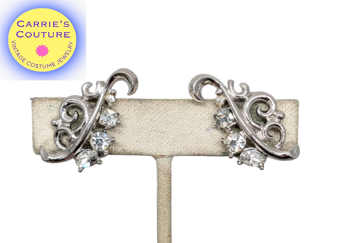 Vintage Signed Crown Trifari Rhodium Plated Clear Rhinestone Clip Earrings, 1950