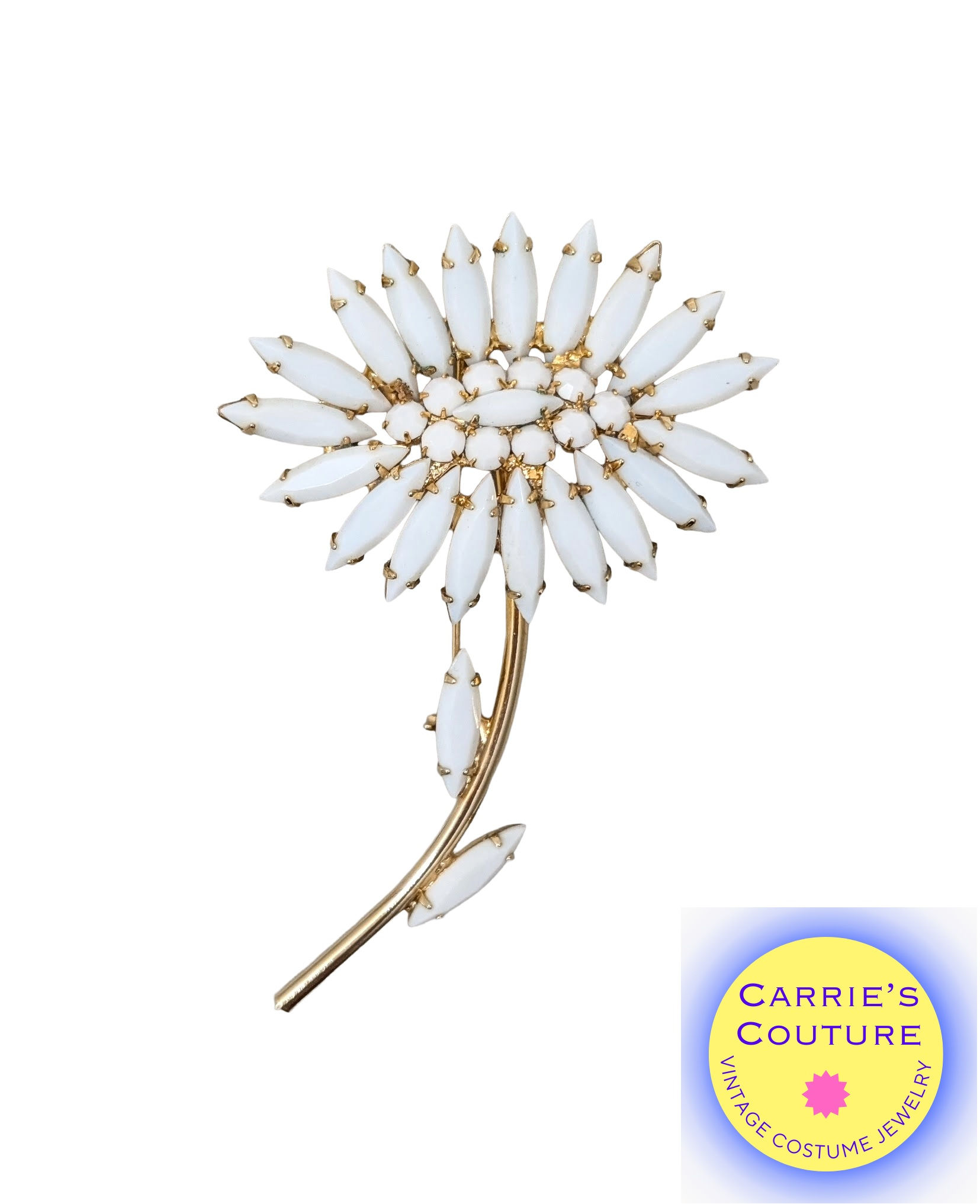 Vintage 1950s Signed Napier Goldtone White Rhinestone Flower Brooch