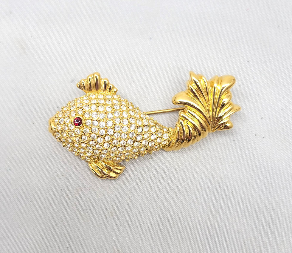 Thumbnail: Vintage 1990s Signed Napier Goldtone Pavé Clear Rhinestone Fish Brooch