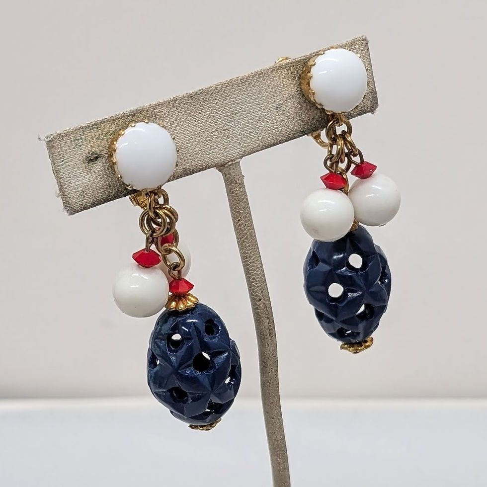 Thumbnail: Vintage 1960s Signed Hobe Blue, White & Red Beaded Drop Clip Earrings