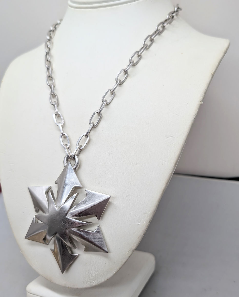 Thumbnail: Vintage 1970s Signed Crown Trifari Rhodium Plated Star Pendant Necklace
