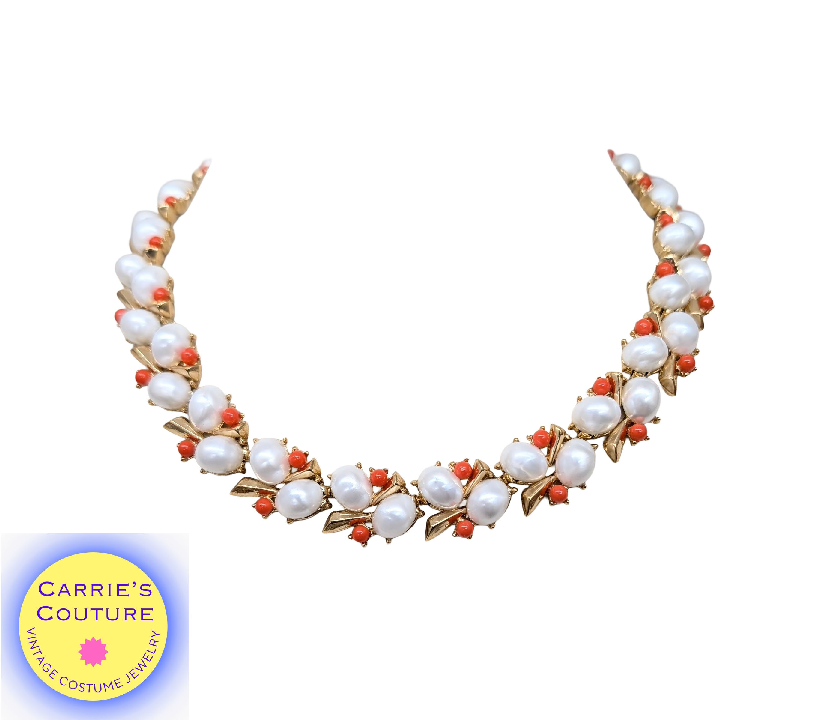 Vintage 1959 Signed Crown Trifari Faux-Pearl & Faux-Coral Collar Necklace