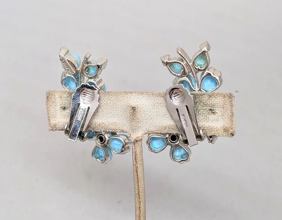 Thumbnail: Vintage Signed Kramer Baby Blue Double Flower Clear Rhinestone Clip Earrings