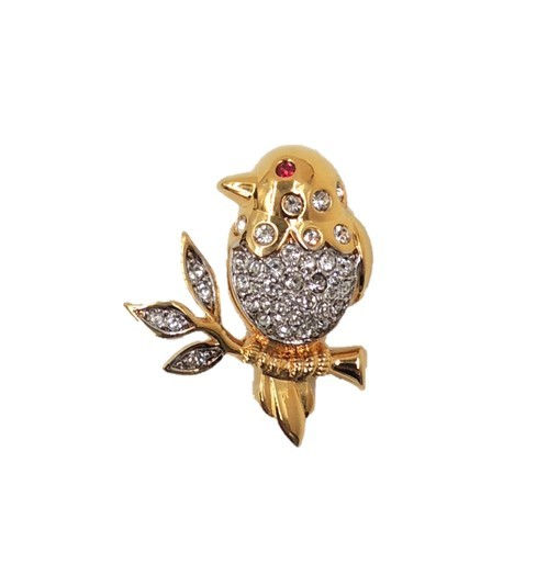 Vintage 1980s Nina Ricci Rhinestone Bird on a Branch Brooch