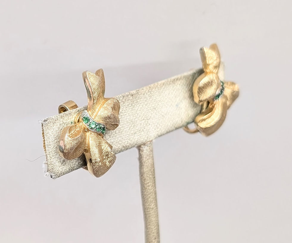 Thumbnail: Vintage Signed Crown Trifari Goldtone Faux-Peridot Bow Clip Earrings