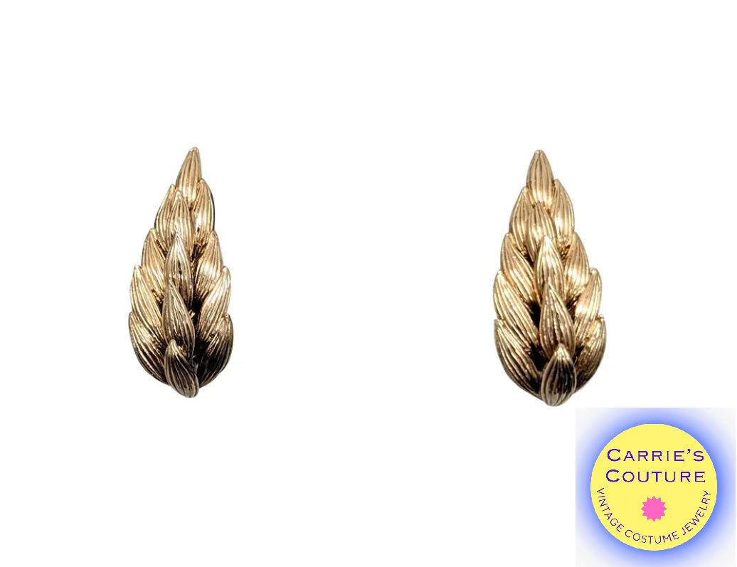 Vintage 1950s Signed Napier Goldtone Over Sterling Wheat Sheaf Clip Earrings