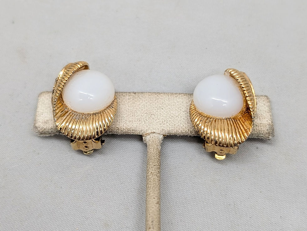 Thumbnail: Vintage Signed Jomaz Faux-Moonstone & Pavé Clear Rhinestone Clip Earrings