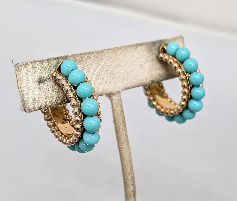 Thumbnail: Vintage 1950s Signed Napier Goldtone Faux-Turquoise Hoop Clip Earrings