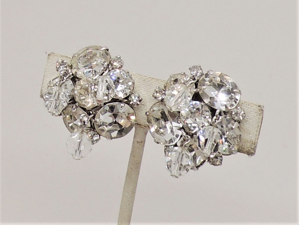 Thumbnail: Vintage 1960s Signed Kramer Rhodium Plated Clear Rhinestone Dangle Clip Earrings