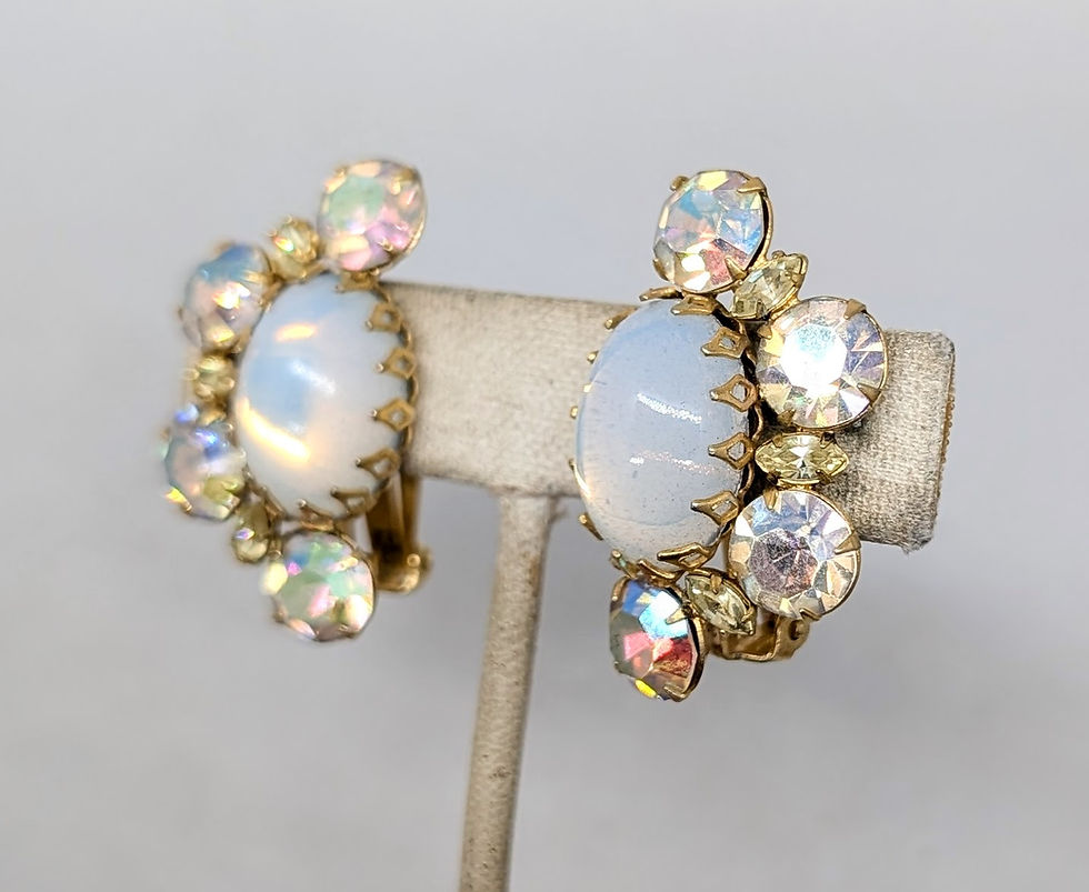 Thumbnail: Vintage Signed Hattie Carnegie Cabochon Faux-Moonstone & AB Clip Earrings