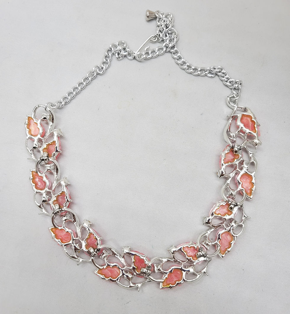 Thumbnail: Vintage 1950s Rhodium Plated Pink Tutti Frutti Leaf Necklace