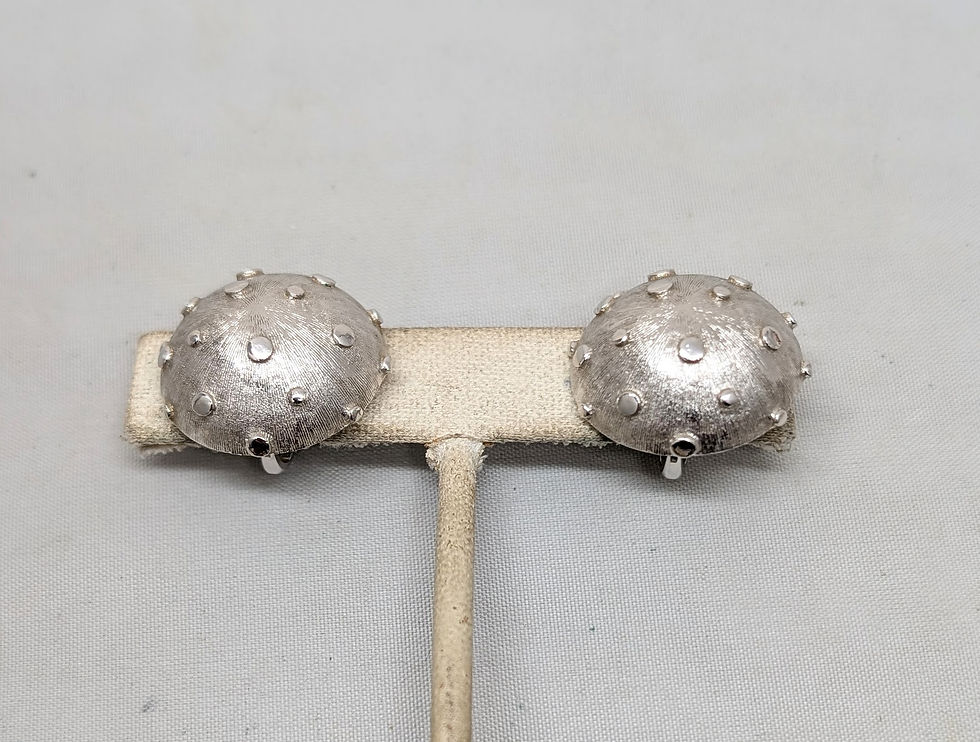 Thumbnail: Vintage Signed Crown Trifari Rhodium Plated Round Domed Studded Clip Earrings