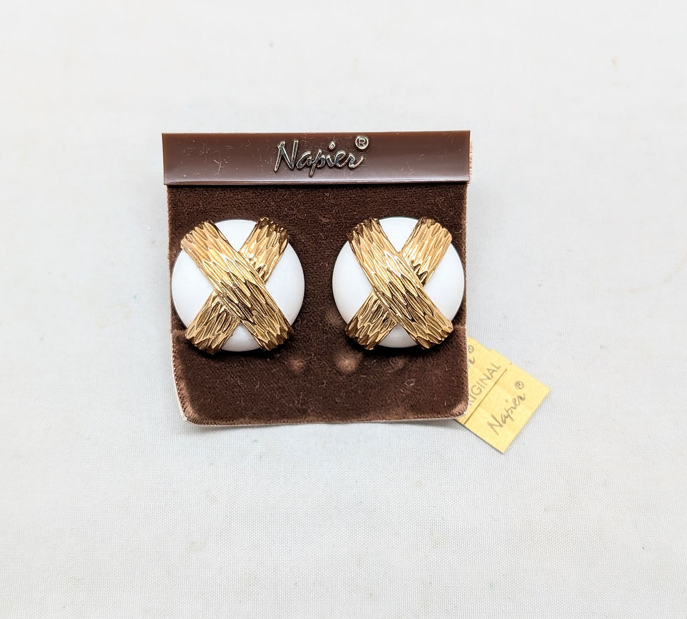 Thumbnail: Vintage Signed Napier Round Domed White X Clip Earrings, 1974