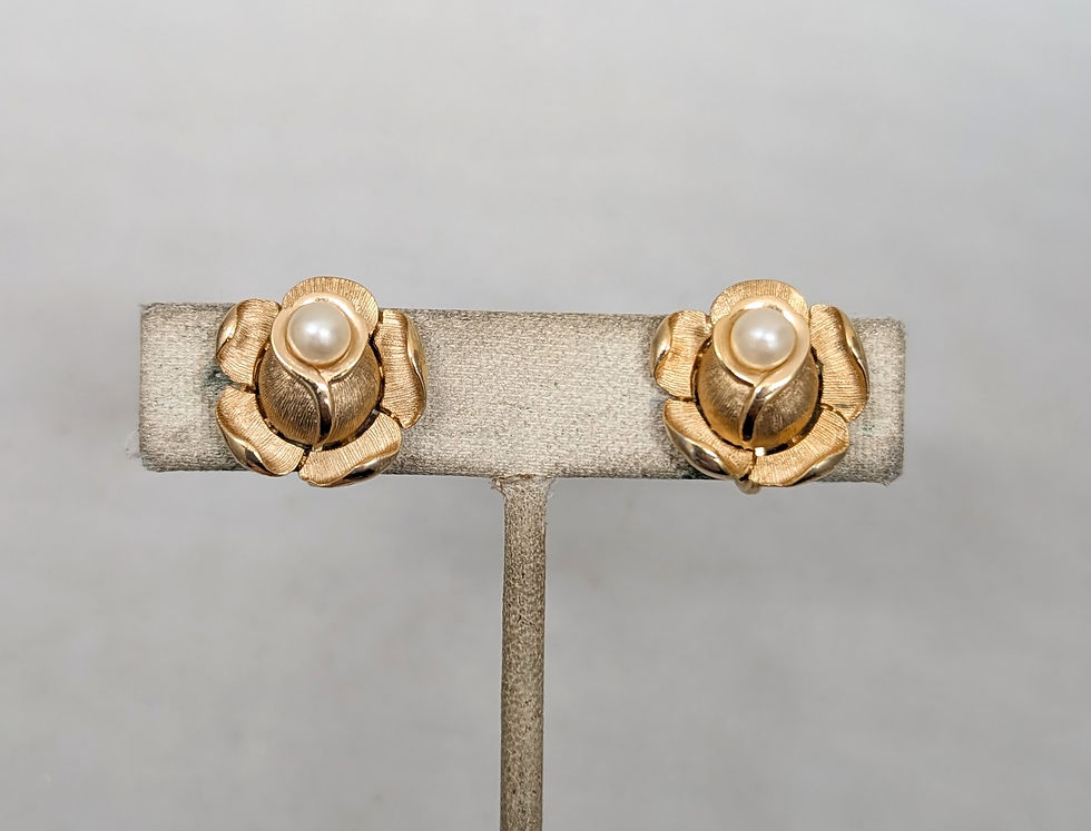Thumbnail: Vintage 1970s Signed Crown Trifari Goldtone Faux-Pearl Flower Clip Earrings