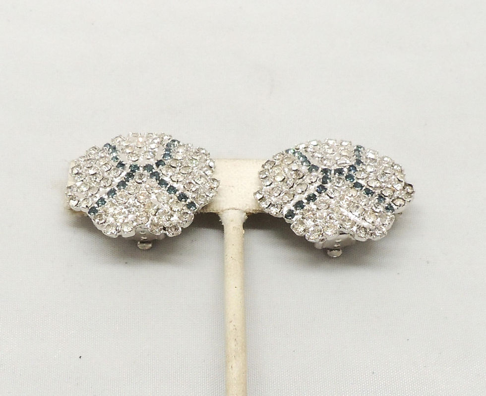 Thumbnail: Vintage Signed Pauline Trigere Pavé Clear & Faux-Sapphire Clip Earrings
