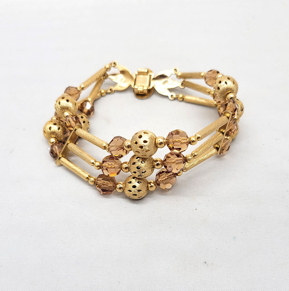 Thumbnail: Vintage 1950s Signed Napier 3 Strand Goldtone Faux-Topaz Beaded Bracelet