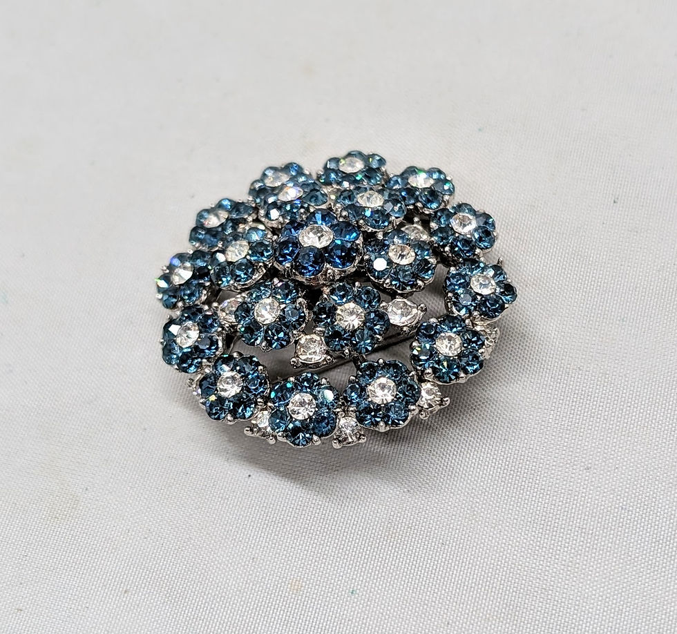Thumbnail: Vintage Signed Crown Trifari Faux-Sapphire & Clear Rhinestone Flower Brooch